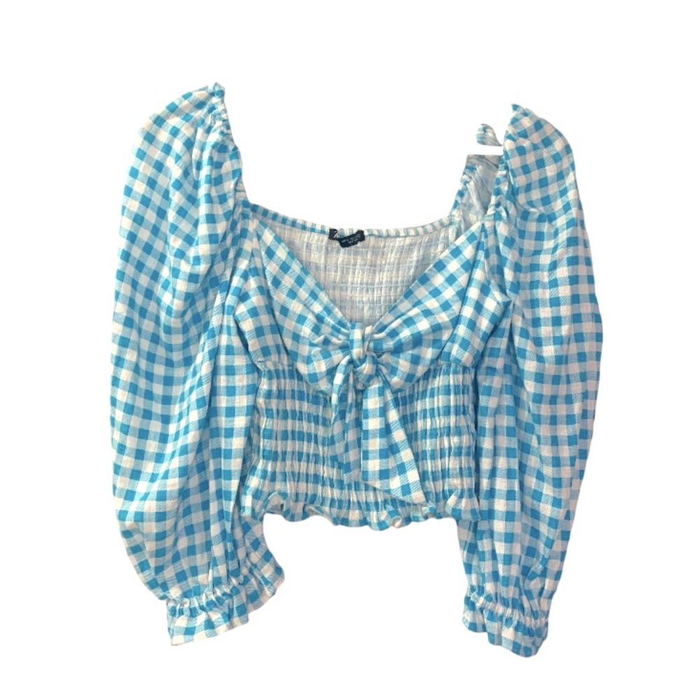 Zara Cropped Gingham Top Bow Blue White Small Smocked Farmer Country Western